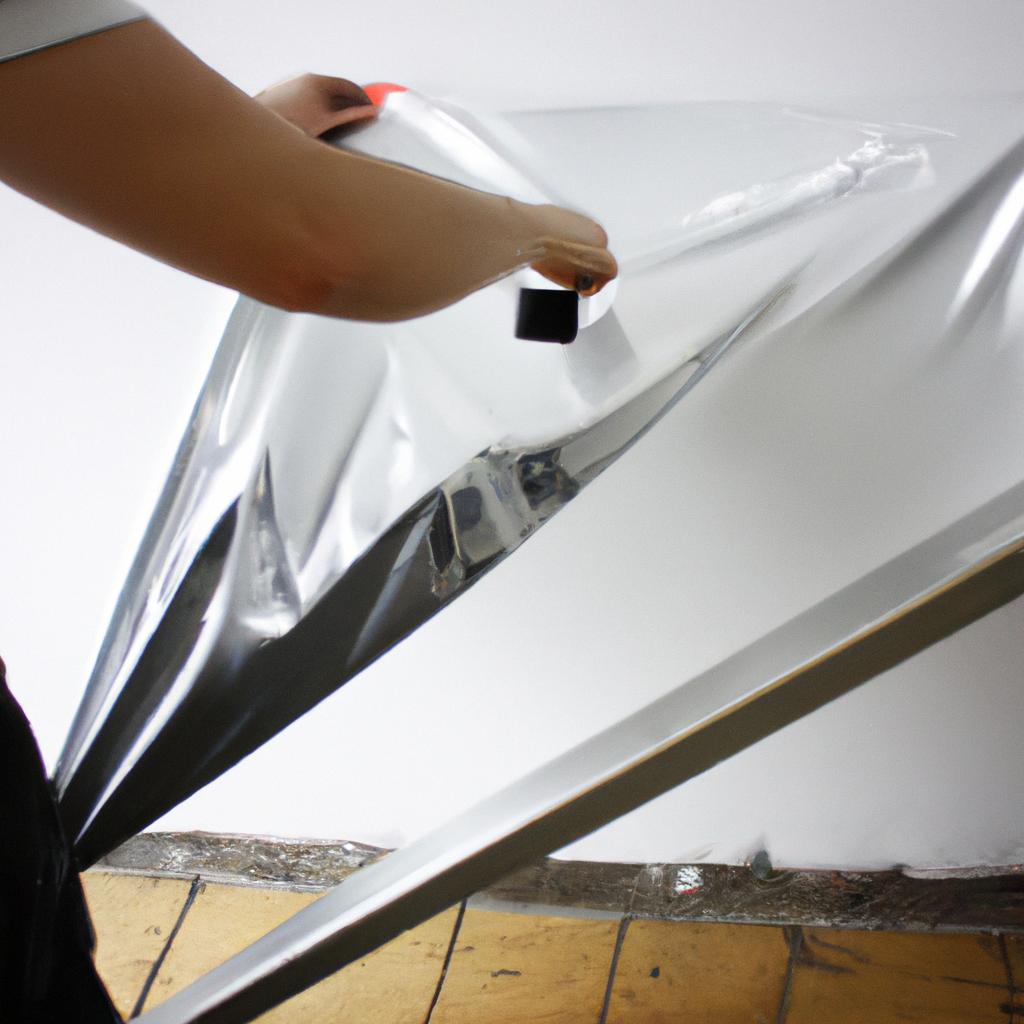 Person applying protective film on steel